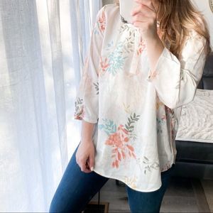 Silky Soft White Floral V-Neck Boho Peasant Blouse
